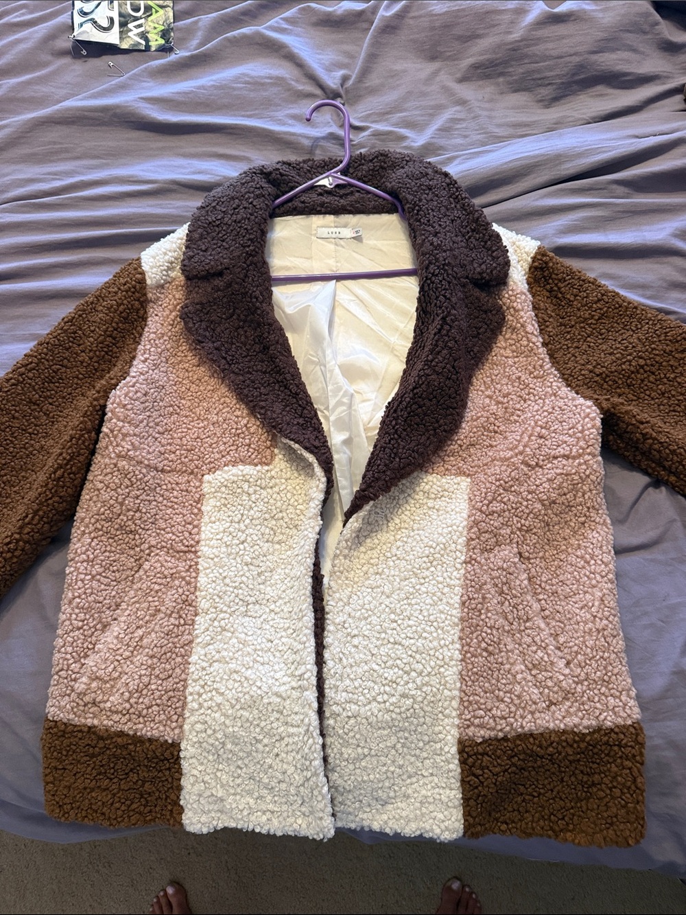 Lush Colorblock Teddy Jacket in Pink, Brown & Cream